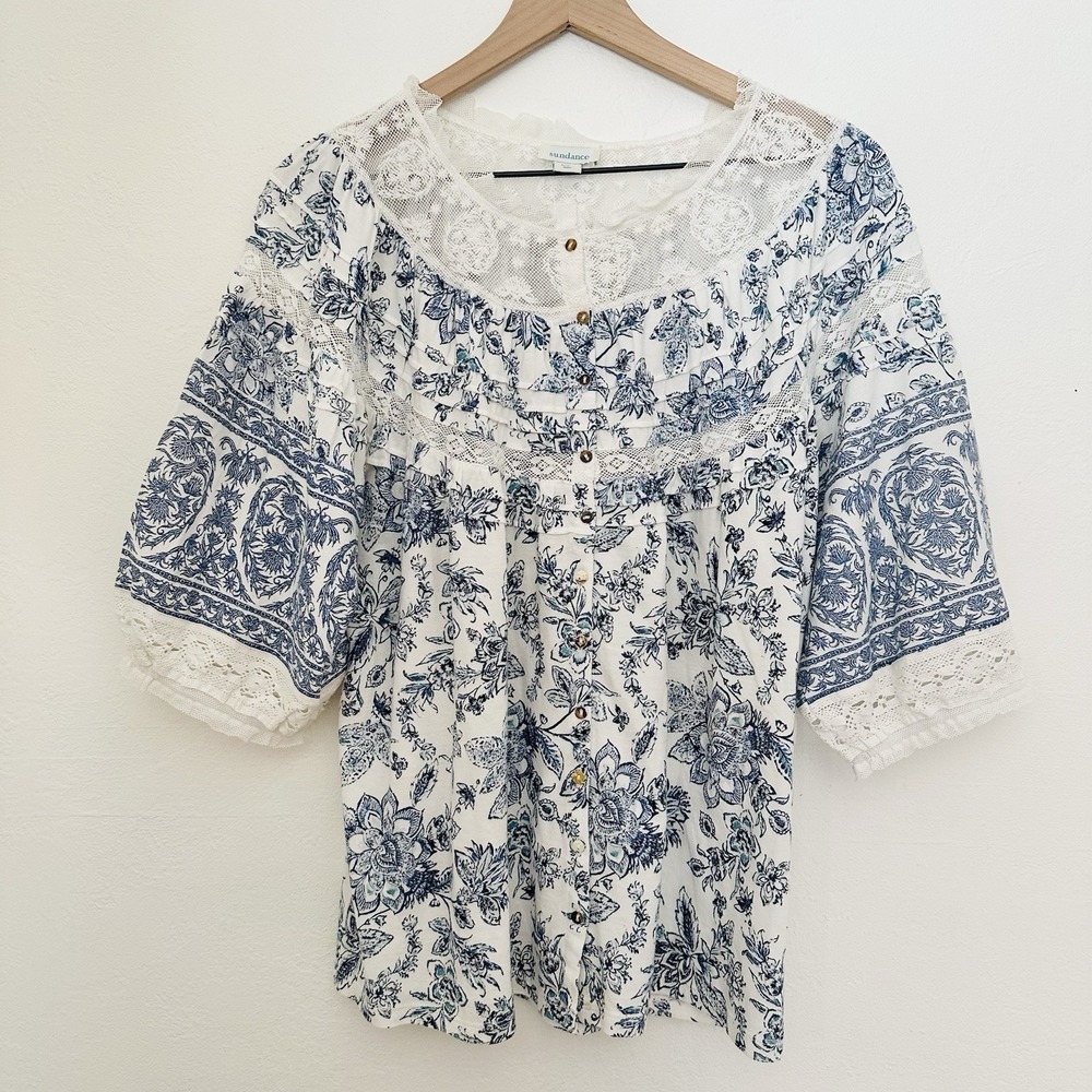 Sundance Top Womens M Blue Floral Lace Cottagecore Puff Sleeve Button Up - Picture 6 of 10